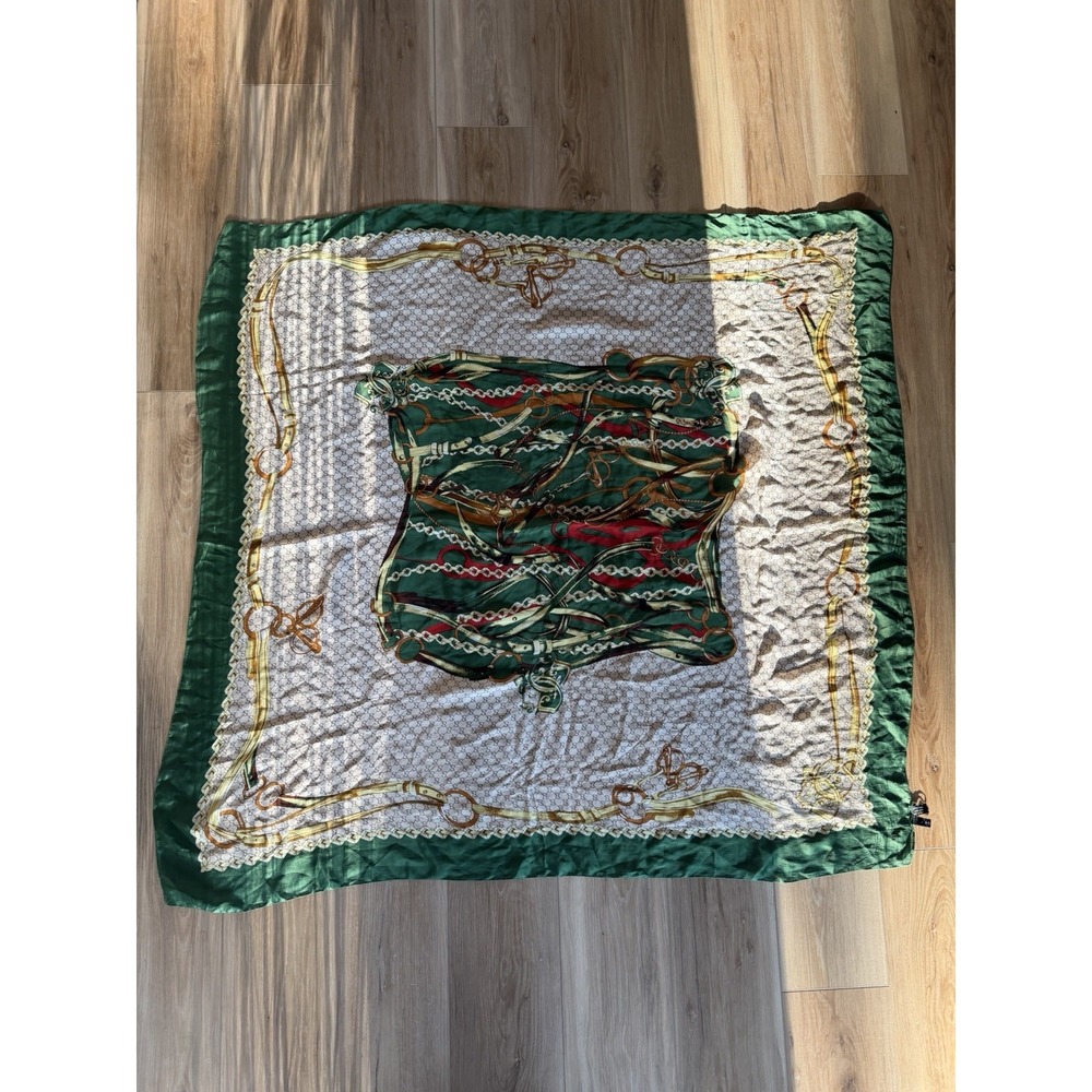 Vintage GUCCI Equestrian 100% Silk Scarf Made In Italy Green Beige 46in x 46in